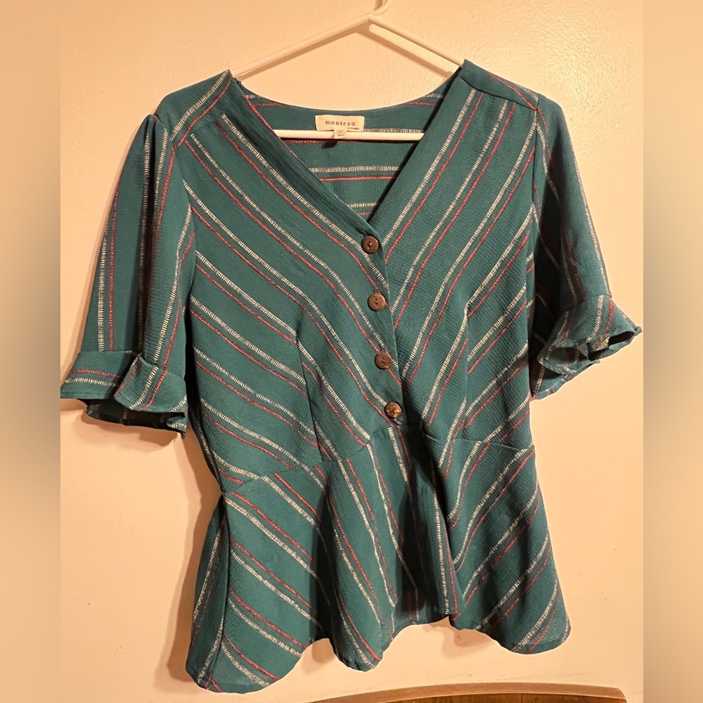Monteau Women's Peplum Top XL Green with Red and White Strips Short Sleeve